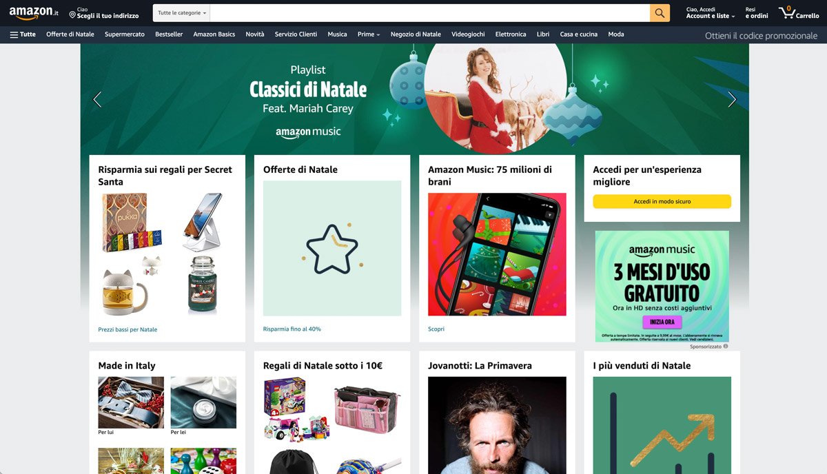 La homepage del sito di e-commerce di Amazon.