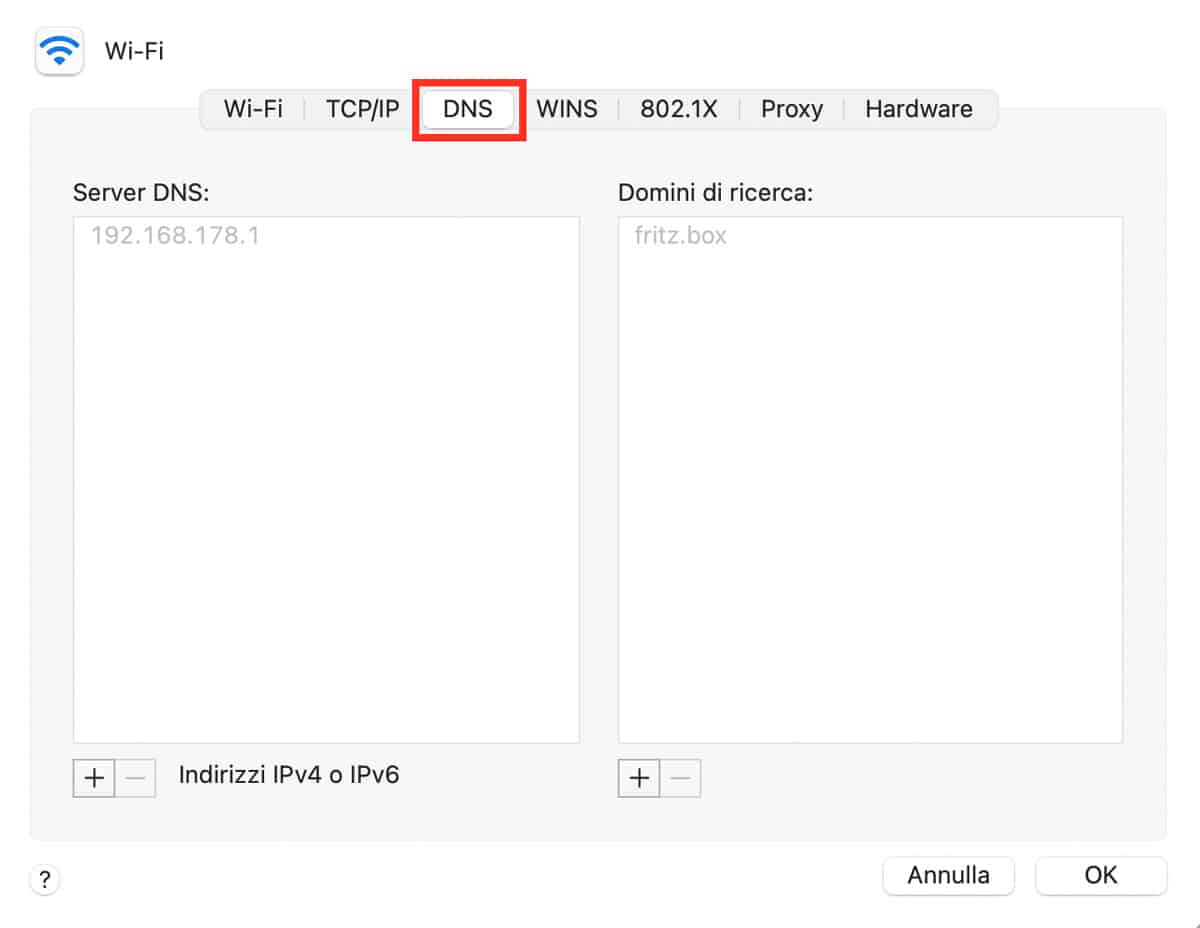 Schermata della finestra DNS di rete avanzato del Mac