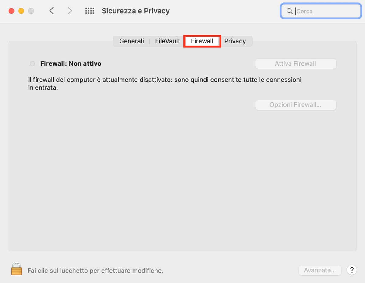 Preferenze di sistema del Mac per disattivare il firewall