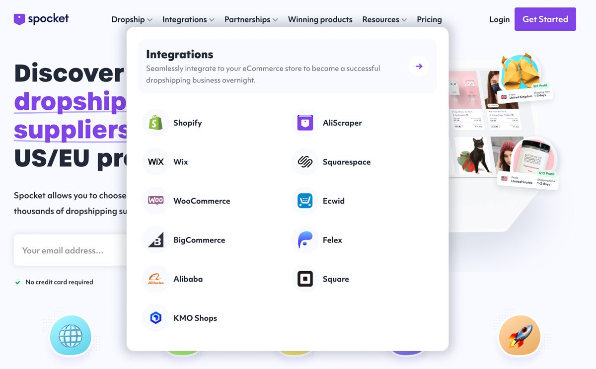 Integrazioni di Spocket disponibili per la tua attività di dropshipping.