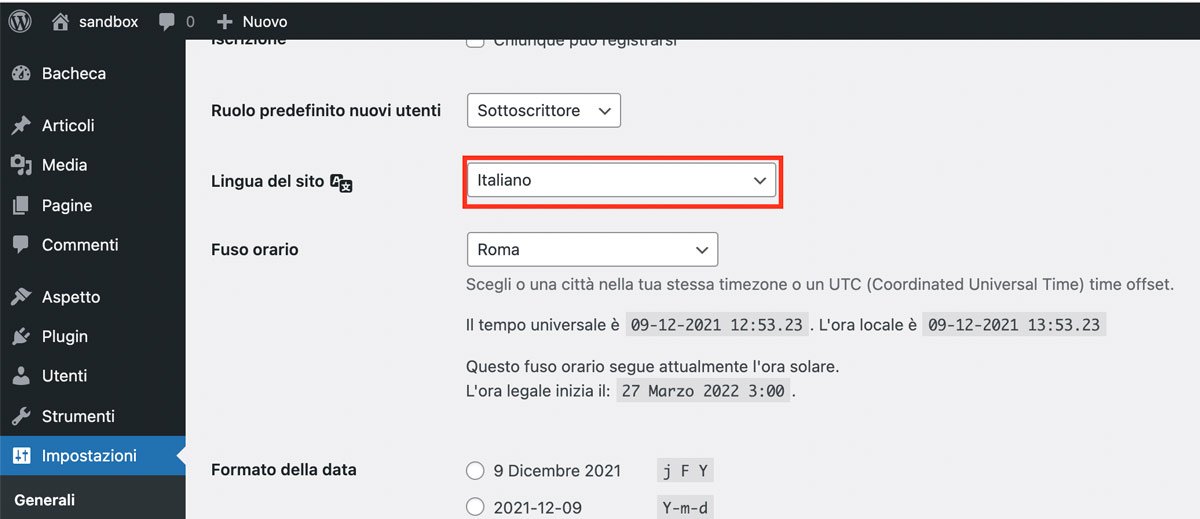 Impostazioni della lingua di WordPress.