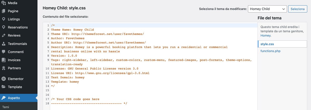 Modifica il codice CSS direttamente sui file del tema figlio