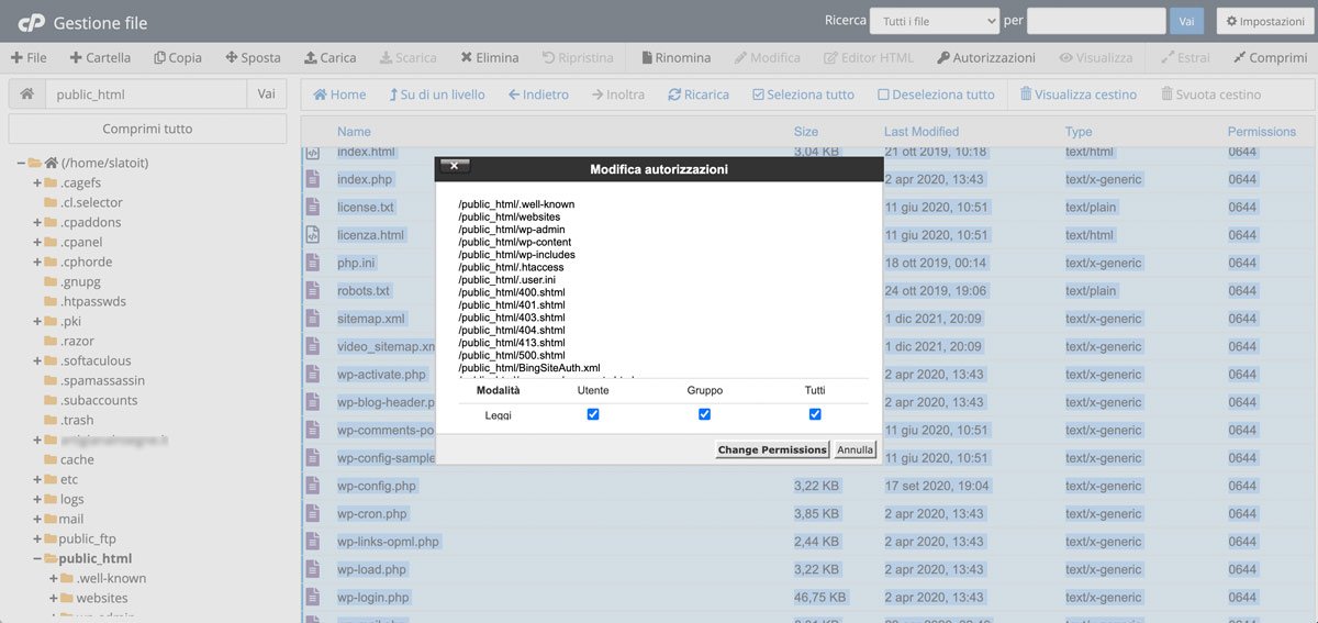 La finestra popup delle impostazioni dei permessi su cPanel.