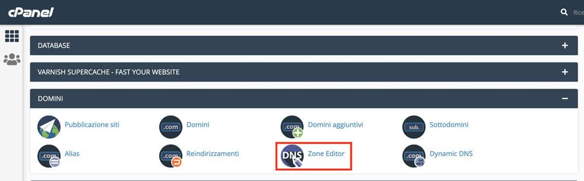 Pulsante Editor zona DNS su cPanel