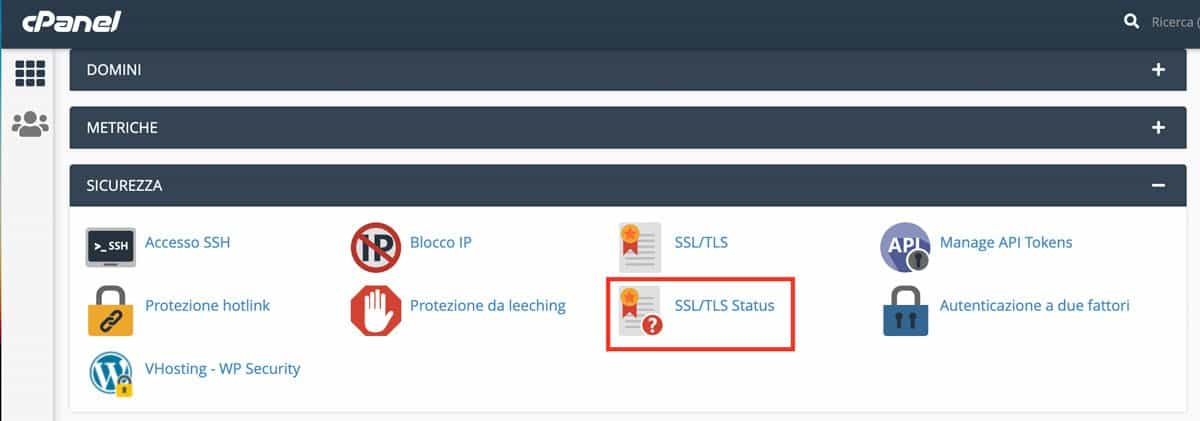 La sezione SSL/TLS Status su cPanel