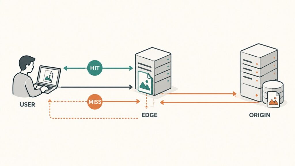 CDN: cos’è, come funziona e quando serve una Content Delivery Network 1 Schema del funzionamento CDN con cache HIT servita dall'edge e cache MISS recuperata dal server origin