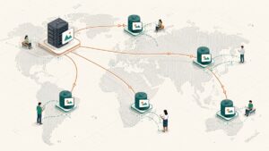 Rete CDN che distribuisce copie dei contenuti da un server origin verso nodi edge vicini agli utenti