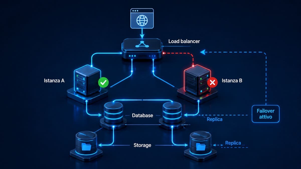 Cloud hosting: cos’è, come funziona e quando conviene davvero 2 Architettura cloud ridondata con load balancer, più istanze, database e storage per l'alta disponibilità