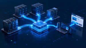 Infrastruttura cloud hosting con più risorse server coordinate per ospitare un'applicazione web