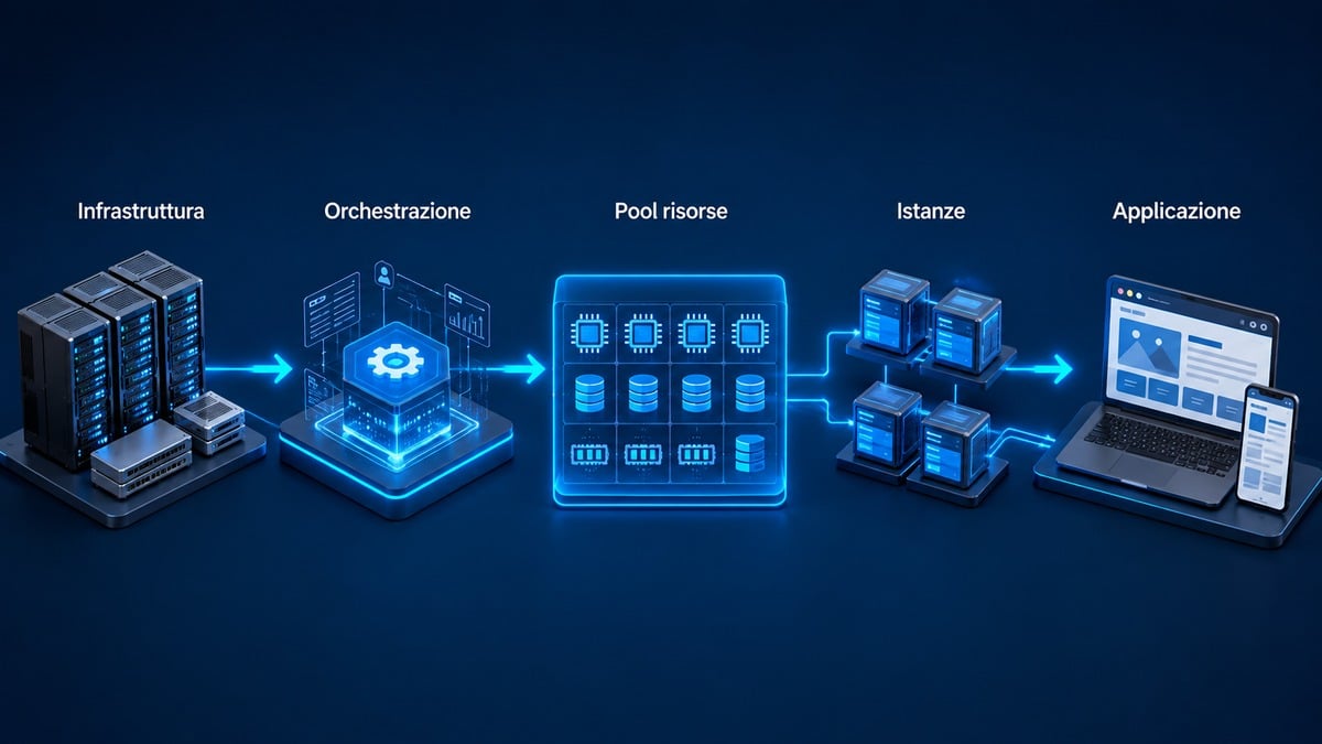 Cloud hosting: cos’è, come funziona e quando conviene davvero 1 Schema del cloud hosting da infrastruttura e orchestrazione al pool di risorse e all'applicazione