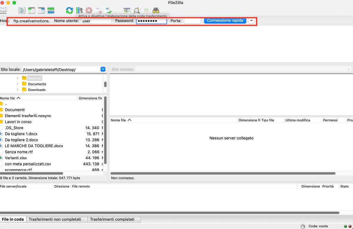 Immetti le credenziali FTP: host, nome utente, password e porta e fai clic su Connessione rapida.