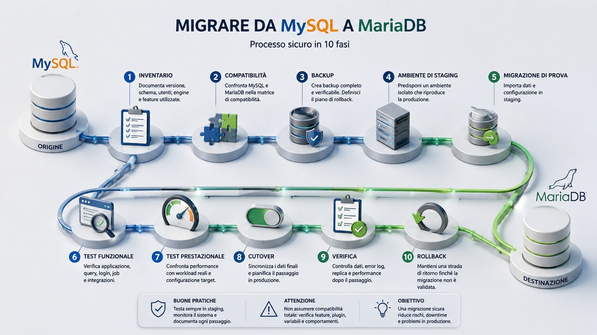 MariaDB vs MySQL: differenze, compatibilità e quale scegliere 2 Processo di migrazione da MySQL a MariaDB in dieci fasi con backup, staging, test, verifica e rollback