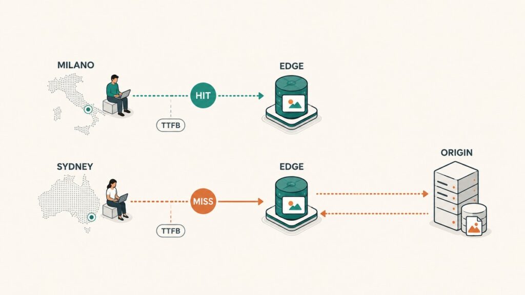 CDN: cos’è, come funziona e quando serve una Content Delivery Network 2 Verifica di una CDN da località differenti confrontando cache HIT e MISS, TTFB, edge e server origin