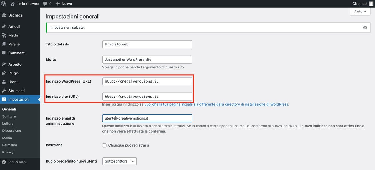 Impostazioni generali di WordPress