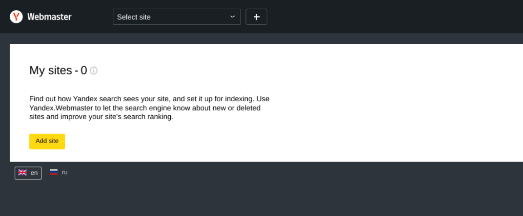L'opzione per aggiungere un sito a un account Yandex Webmaster Tools.