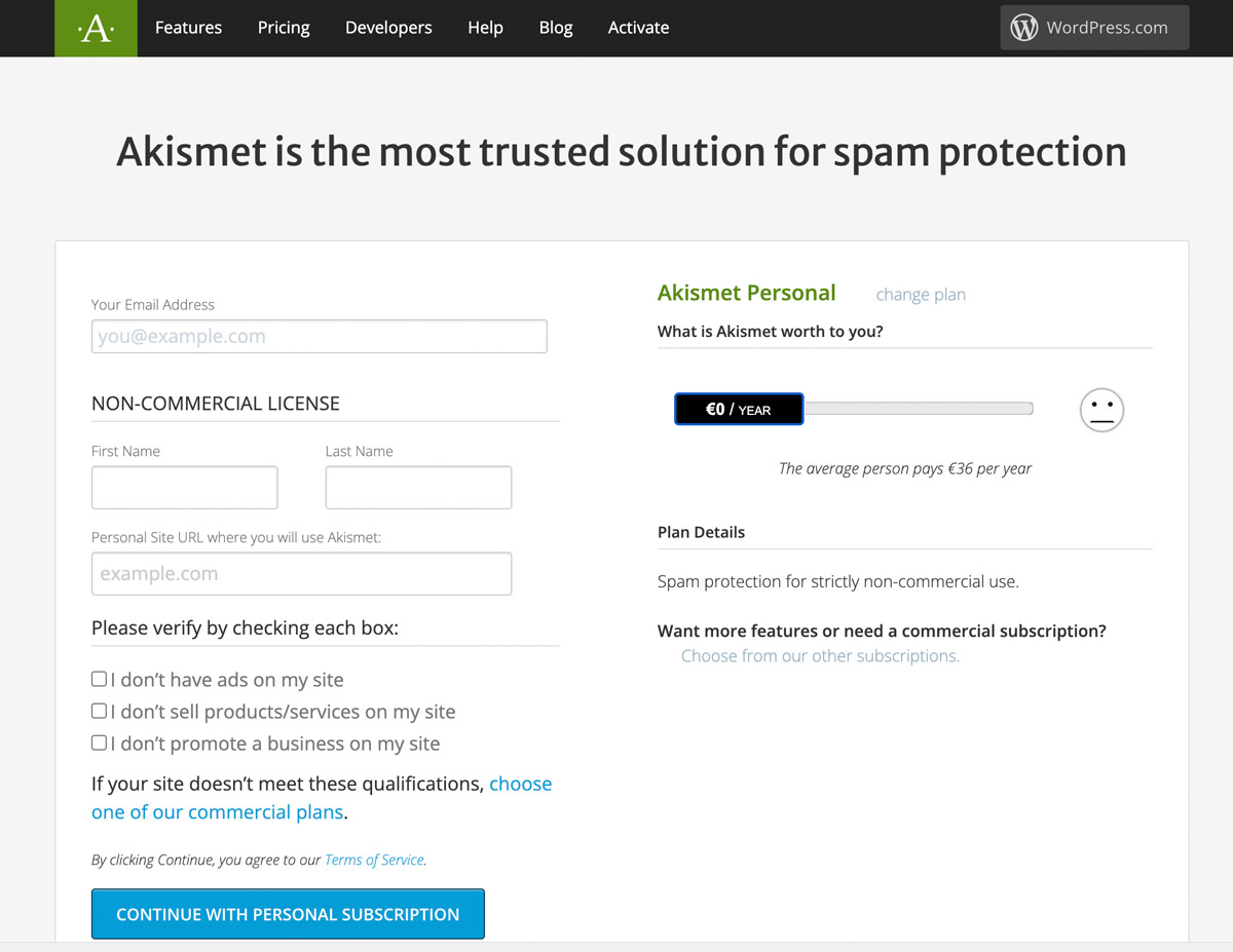 Modulo di configurazione dell'account Akismet anti spam