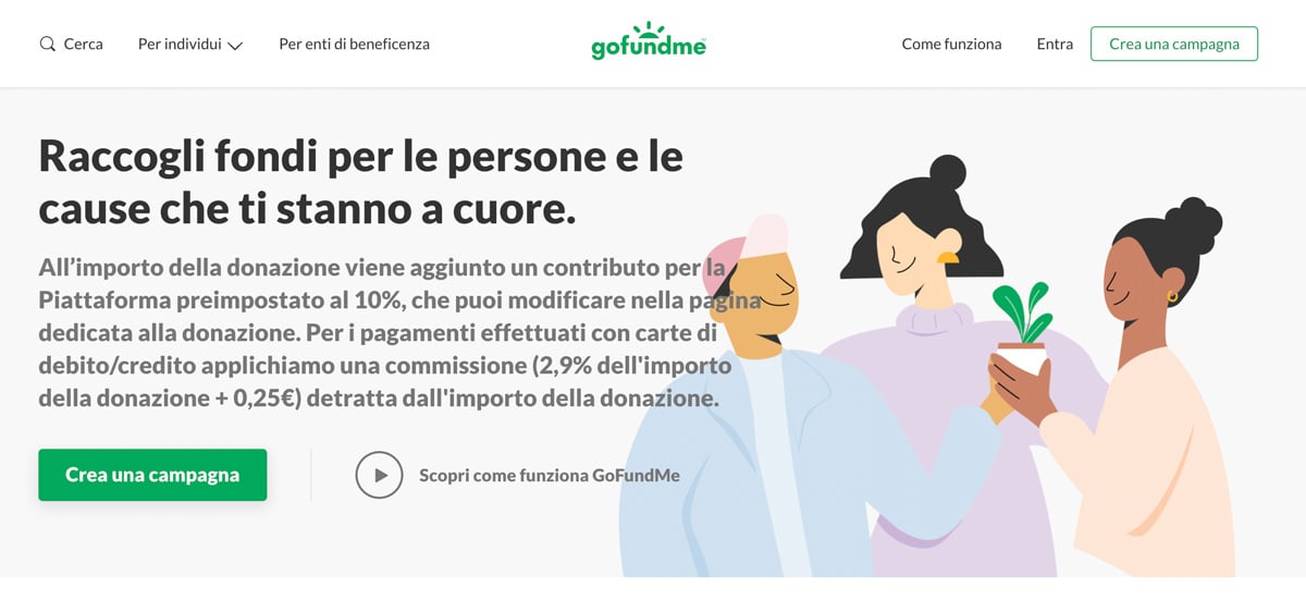 La homepage dell'ecommerce B2C Gofundme