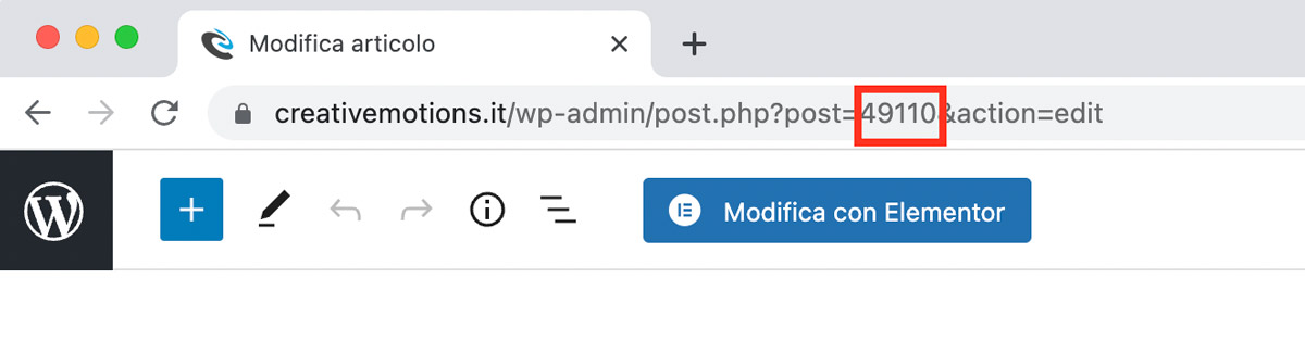 L'ID del post di un URL di WordPress nella barra del browser.