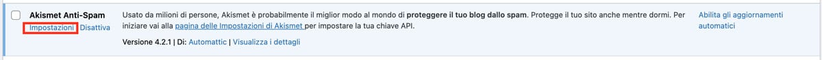 Plugin Akismet, evidenziando il pulsante delle impostazioni