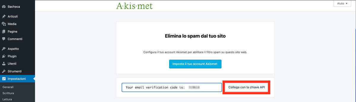 Inserisci la tua chiave per connetterti con Akismet API