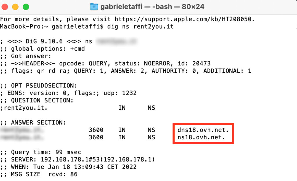 Terminale MacOS con output del comando dig ns