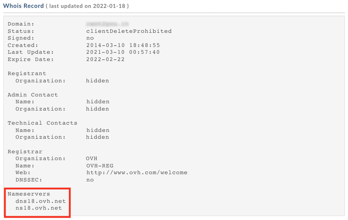 Esempio di risultato Whois di DomainTools con la sezione dei nameserver evidenziata