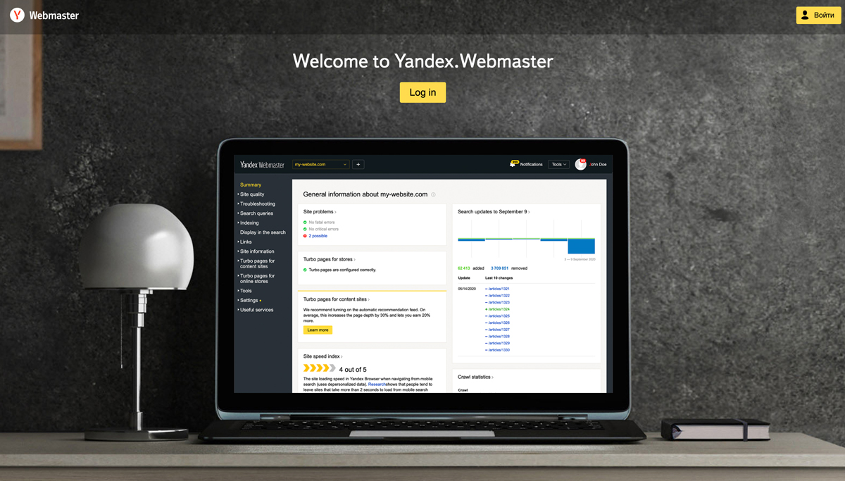 La schermata di Yandex webmaster