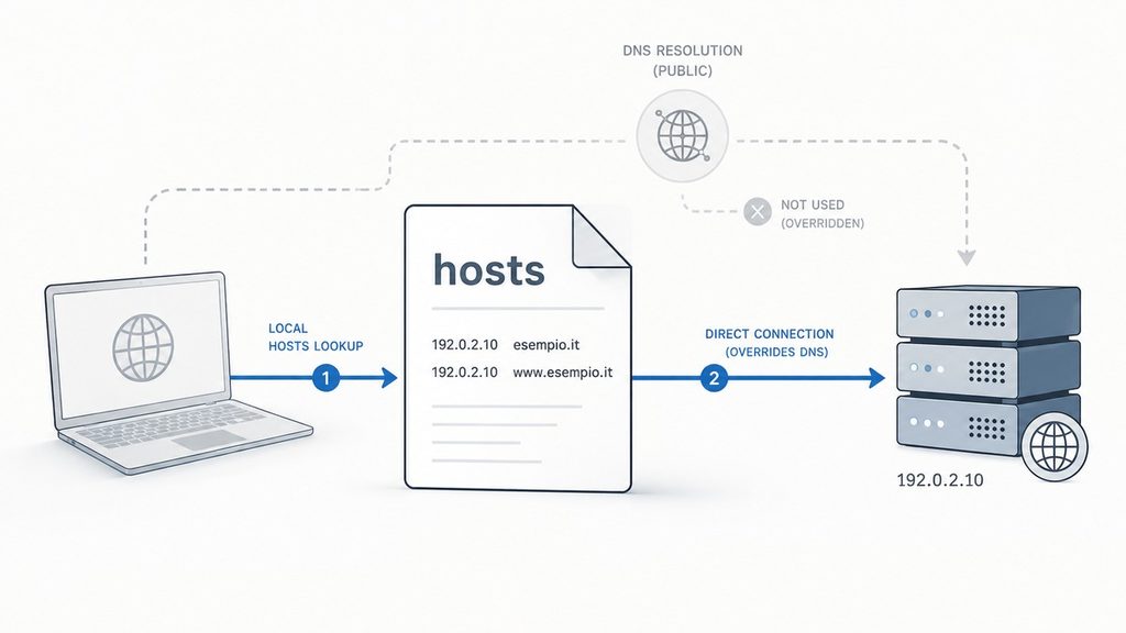 File hosts: cos’è, dove si trova e come modificarlo su Windows, Mac e Linux 1 Schema del file hosts che permette di testare un dominio sul nuovo server mentre il DNS pubblico continua a usare il vecchio server