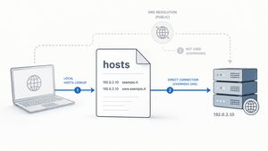 File hosts che associa un nome di dominio a un indirizzo IP locale prima della risoluzione DNS