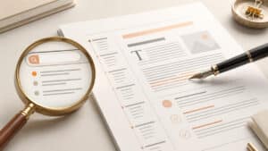 ALT: Documento strutturato, lente di ricerca e strumento di scrittura rappresentano il processo di SEO copywriting