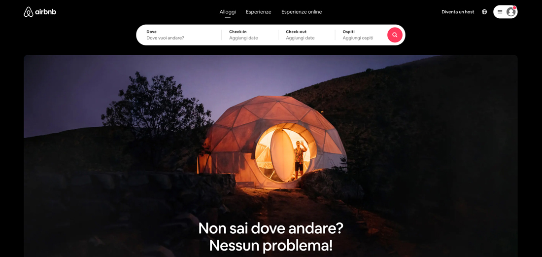 La home page di Airbnb come esempio di progettazione dell'esperienza utente.