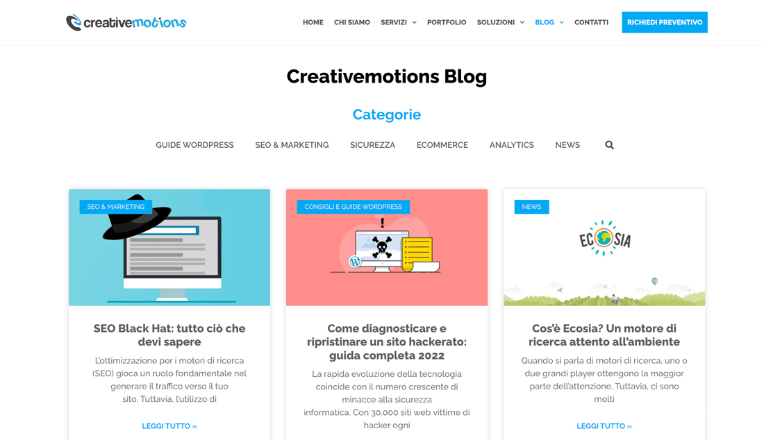 Il blog di Creativemotions come esempio di content marketing.