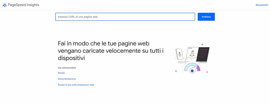 Lo strumento per il test di velocità Pagespeed Insights