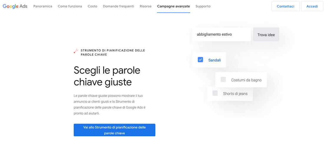 Il sito web dello Strumento di pianificazione delle parole chiave di Google.