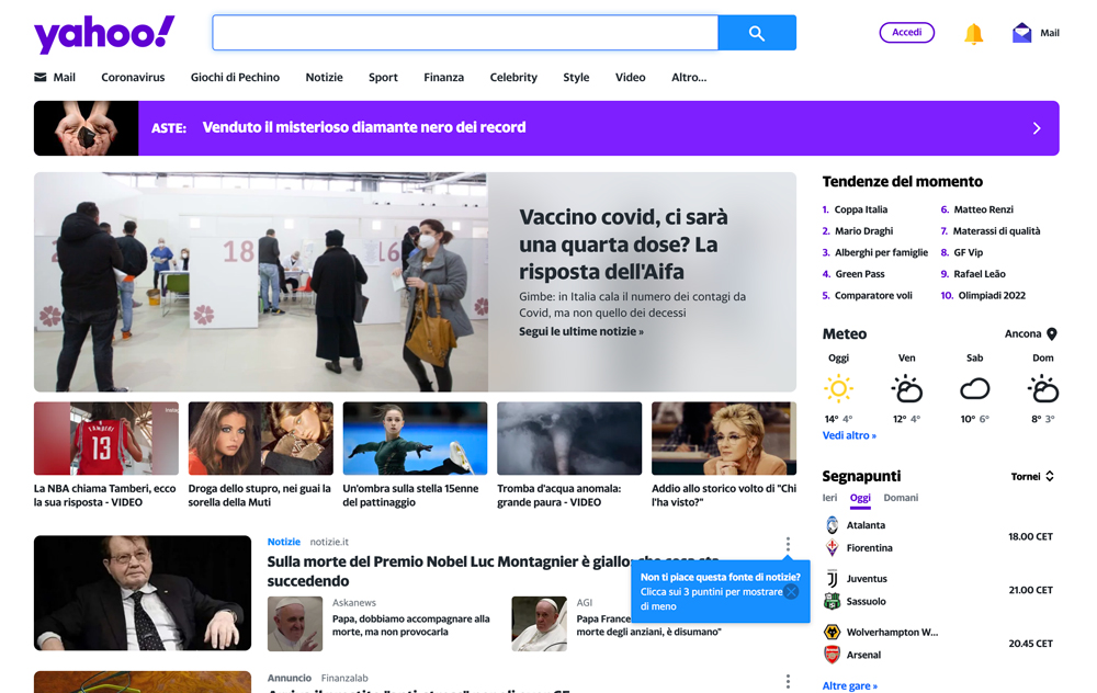 La homepage drel motore di ricerca Yahoo!.