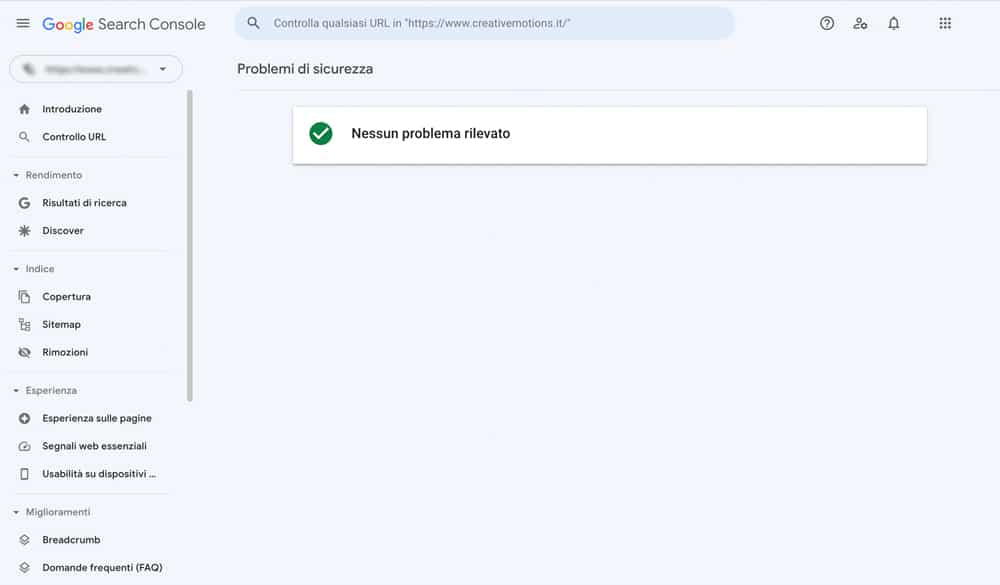 Eventuali problemi di sicurezza verranno visualizzati nella scheda Problemi di sicurezza nella sezione Sicurezza e azioni manuali di Google search console.