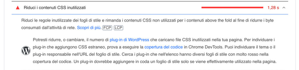 Raccomandazione di PageSpeed ​​Insights per ridurre i CSS inutilizzati