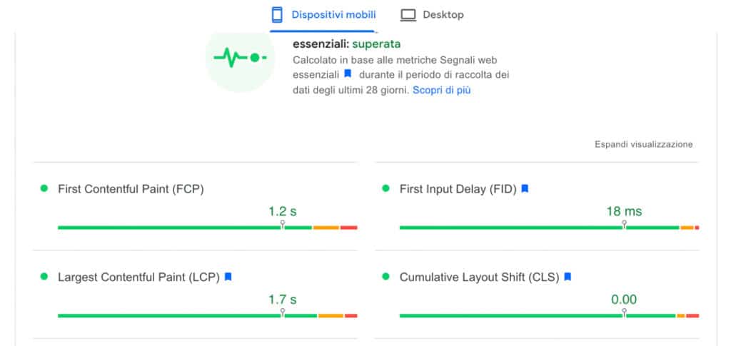 Come trovare il punteggio cumulative layout shift in Google pagespeed