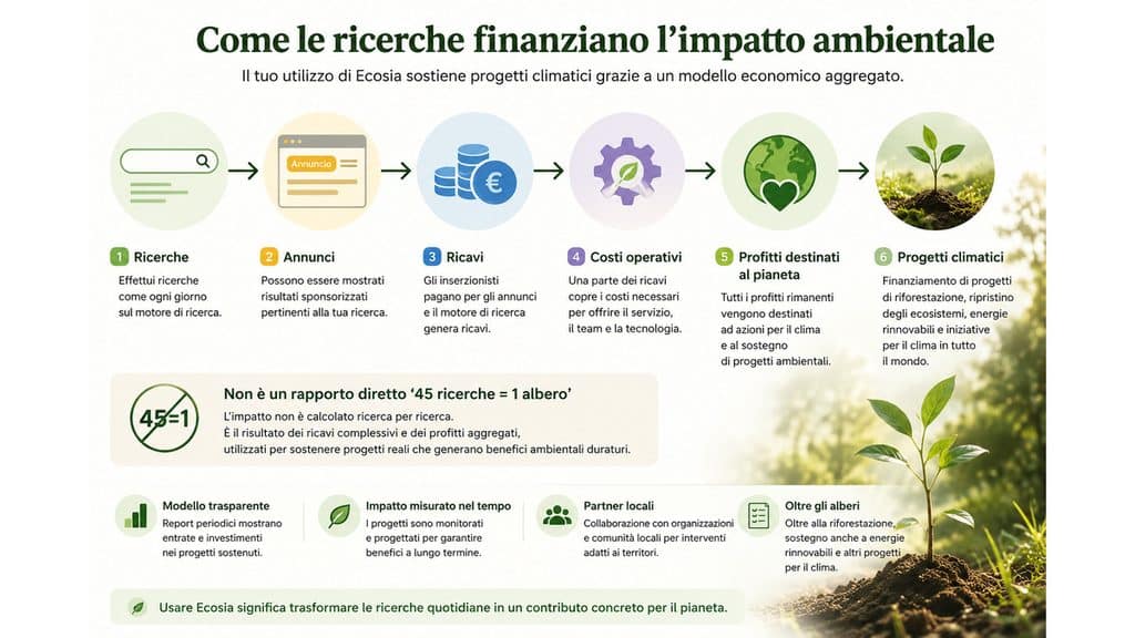 Ecosia: cos’è, come funziona e pianta davvero alberi? 1 Schema del modello Ecosia dalle ricerche ai ricavi e ai progetti climatici