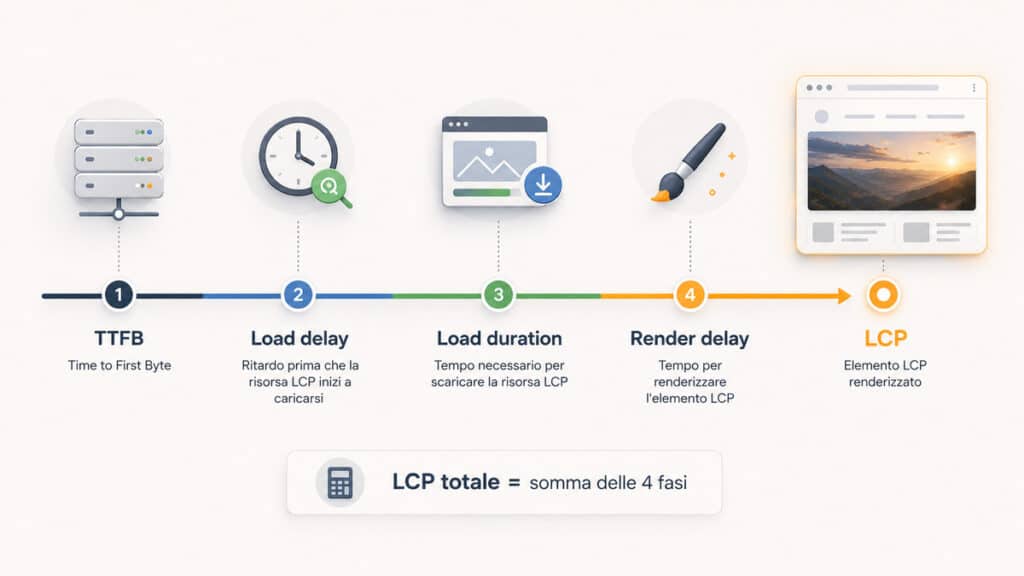 Largest Contentful Paint (LCP): cos'è e come migliorarlo 1 Le quattro fasi del Largest Contentful Paint: TTFB, load delay, load duration e render delay