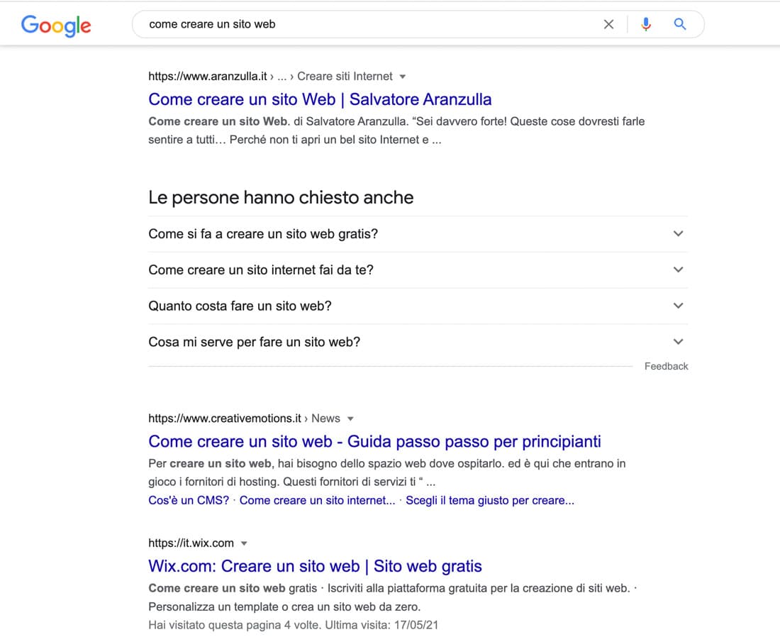 Risultato di ricerca di Google su come creare un sito web.