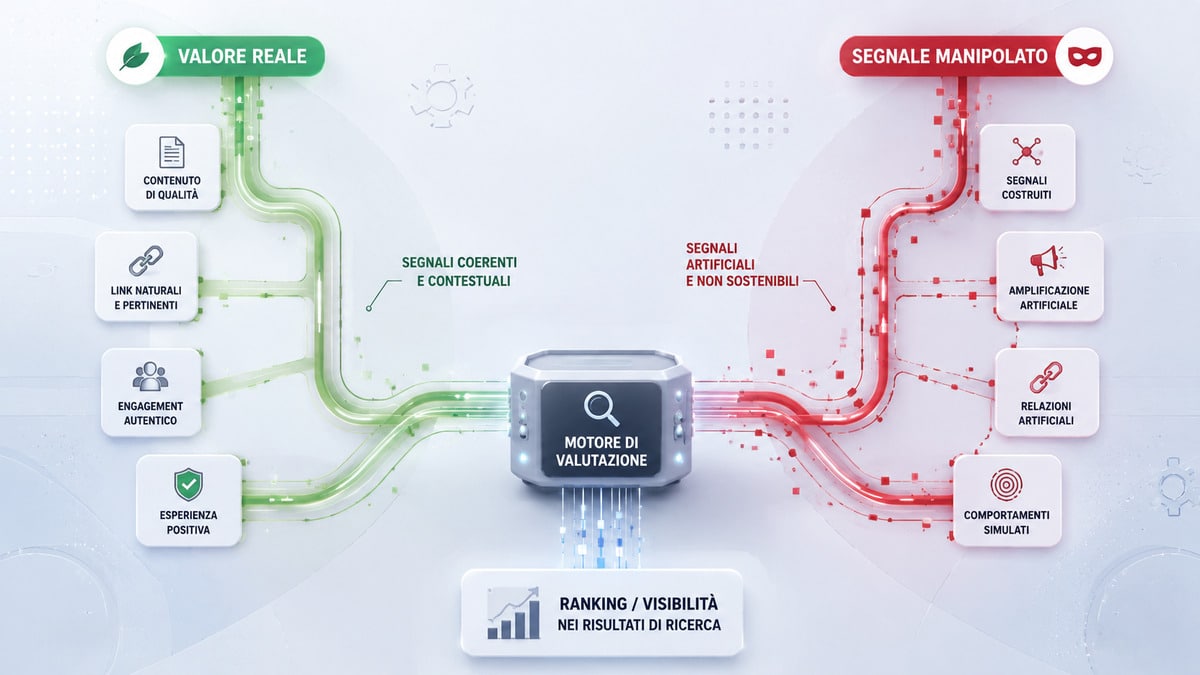 SEO Black Hat: cos'è, tecniche vietate e rischi secondo Google 1 Diagramma che confronta segnali SEO coerenti con segnali manipolati nella SEO Black Hat