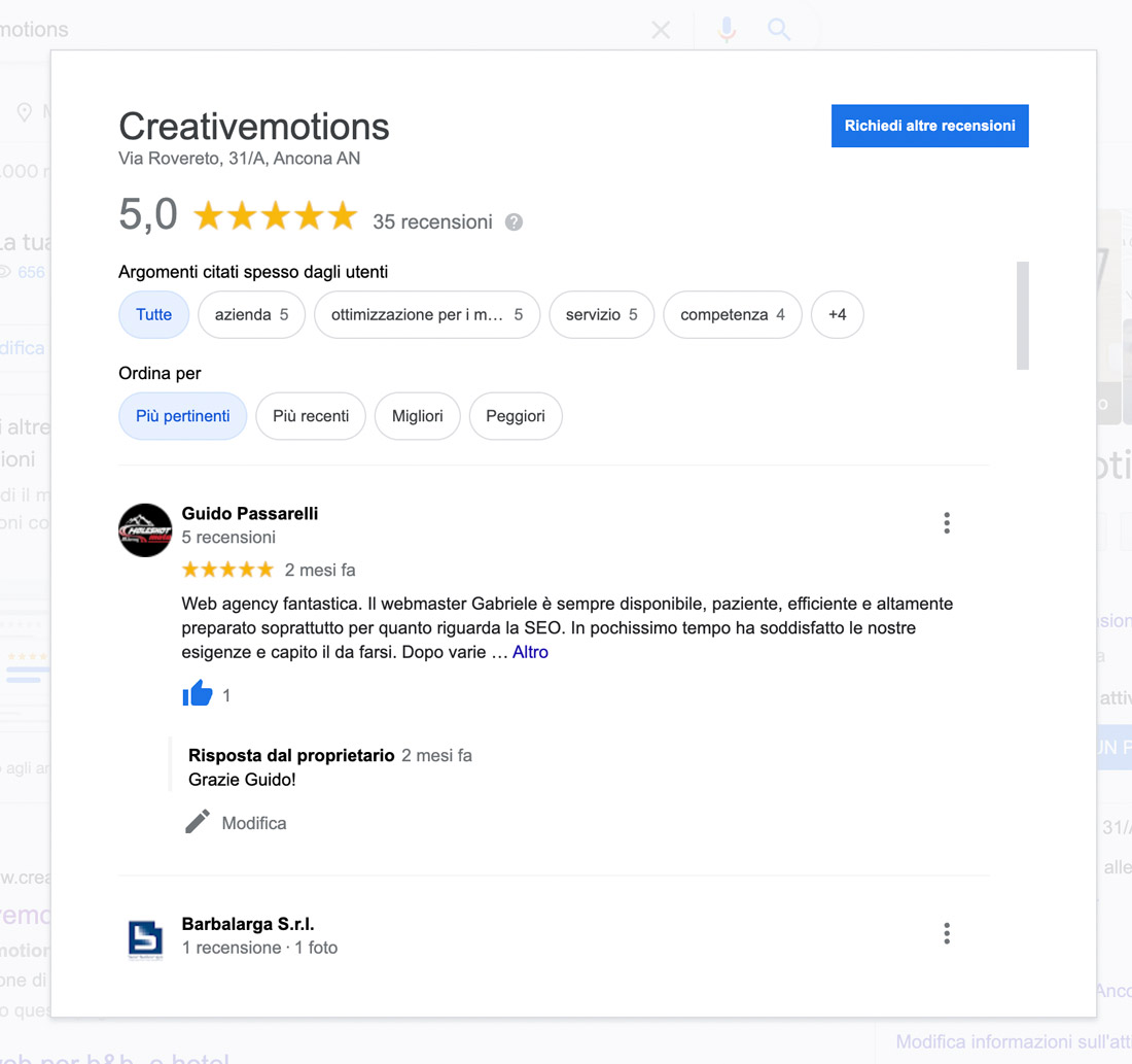 Un esempio di recensioni su Google.