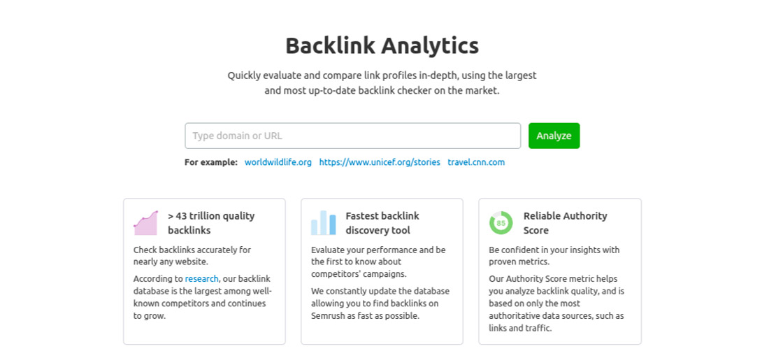 Lo strumento di analisi dei backlink di Semrush.