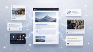 Pagina web collegata a backlink, citazioni editoriali, digital PR e recensioni che rappresentano la SEO off-page