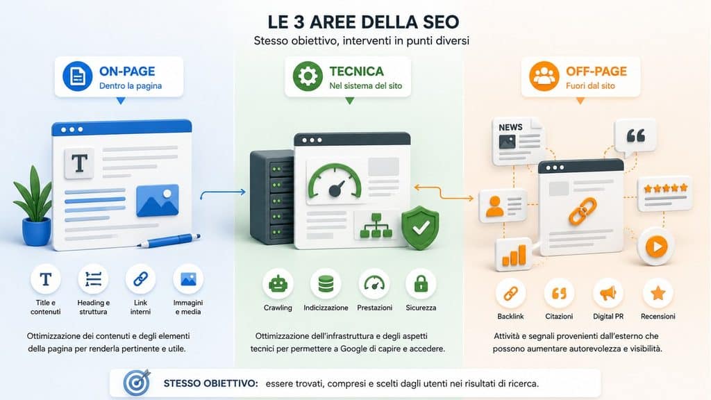 SEO off-page: cos’è e come costruire una strategia efficace 1 Schema visuale delle differenze tra SEO on-page, SEO tecnica e SEO off-page