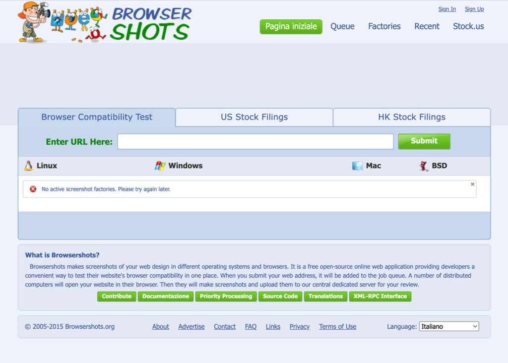 L'interfaccia di Browsershots con una barra degli URL per inviare e verificare la compatibilità dei siti web.