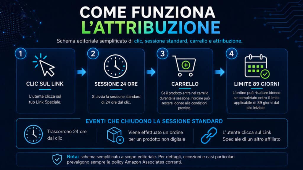 Affiliazione Amazon: come funziona, requisiti, commissioni e come iniziare 2 Diagramma dell’attribuzione Amazon Associates con clic, sessione di 24 ore, carrello, limite di 89 giorni ed eventi di interruzione.