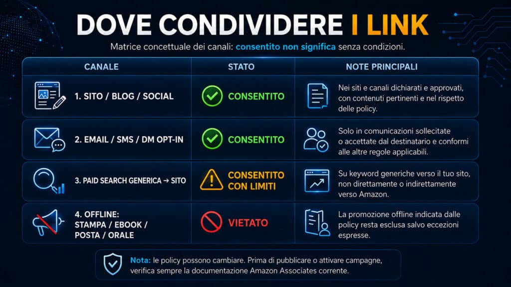 Affiliazione Amazon: come funziona, requisiti, commissioni e come iniziare 4 Matrice dei canali per condividere link Amazon Associates: sito e social, email SMS e DM opt-in, paid search generica e promozione offline.