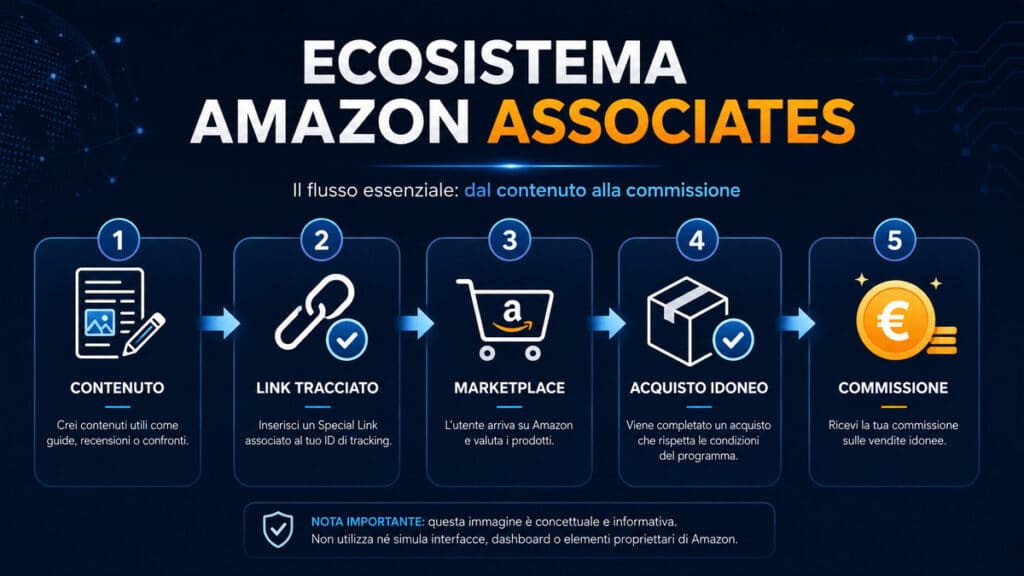 Affiliazione Amazon: come funziona, requisiti, commissioni e come iniziare 1 Ecosistema Amazon Associates dal contenuto al link tracciato, marketplace, acquisto idoneo e commissione.